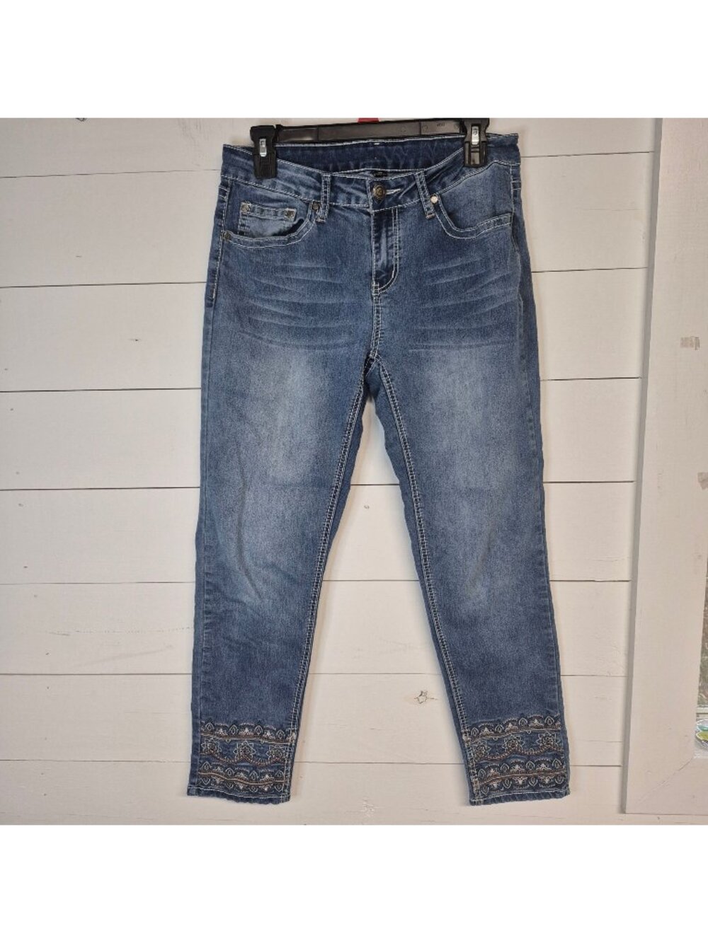 Embroidered Hem Blue Denim Capris